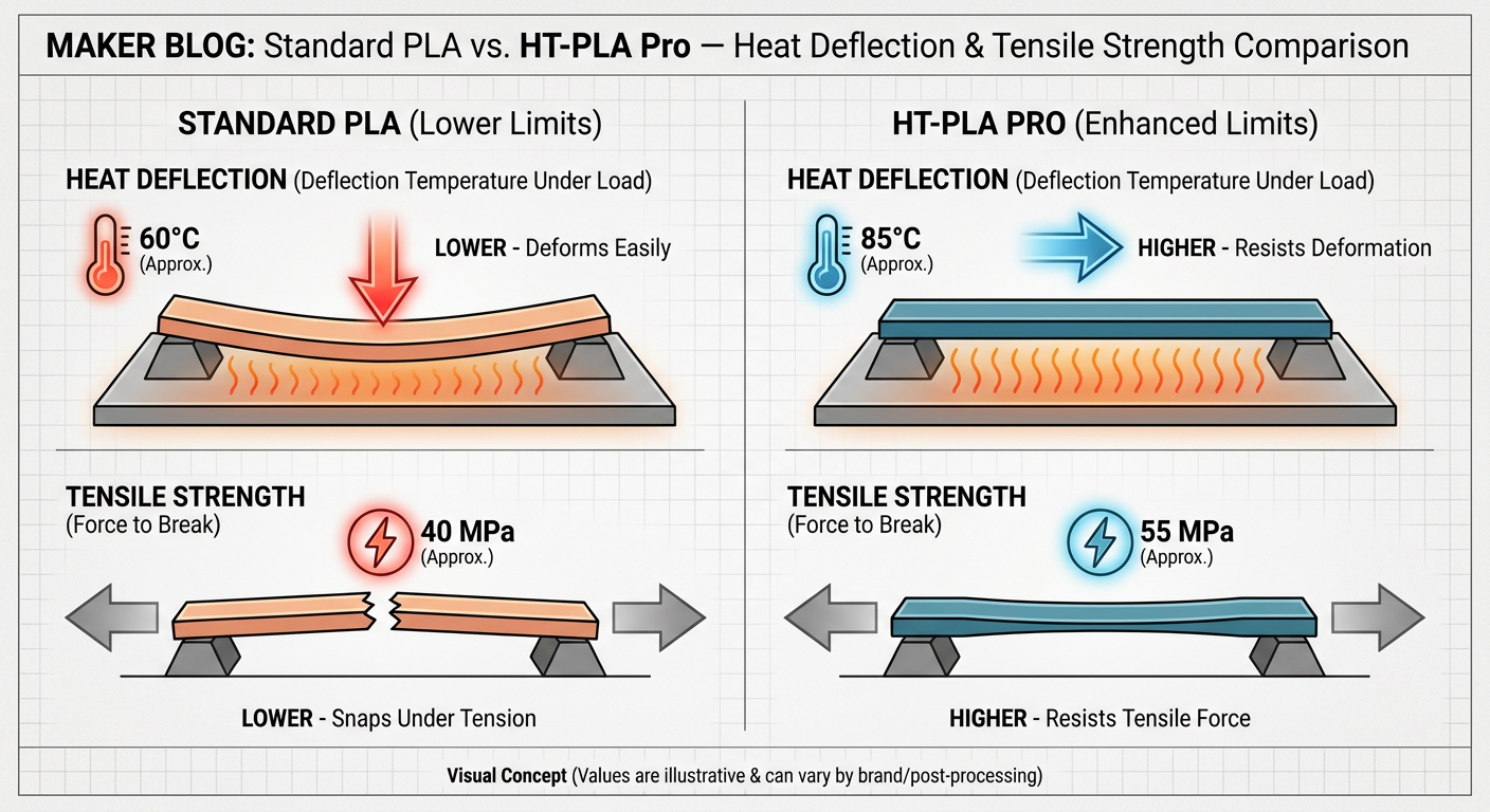 Comparison chart of standard PLA vs HT-PLA Pro regarding heat deflection and tensile strength