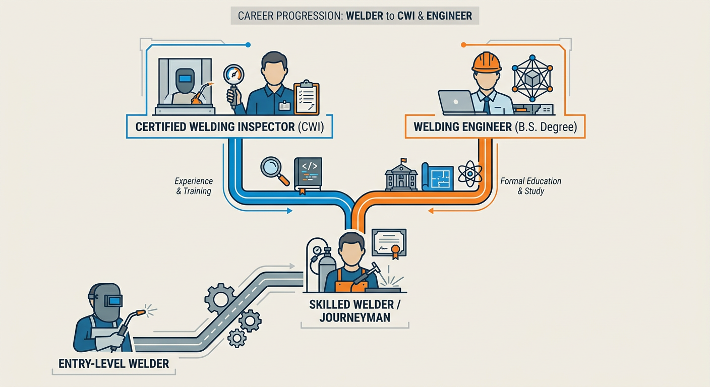 Career progression path from Entry-Level Welder to CWI and Welding Engineer