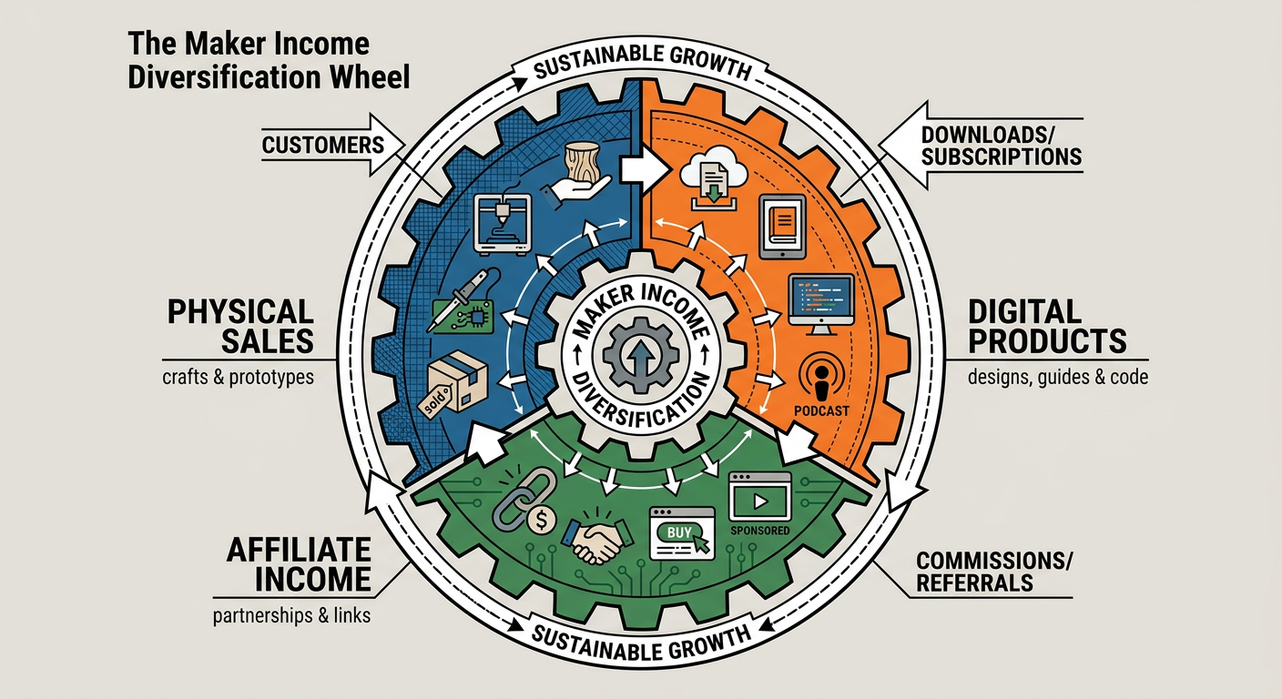 The Maker Income Diversification Wheel showing physical sales, digital products, and affiliate income