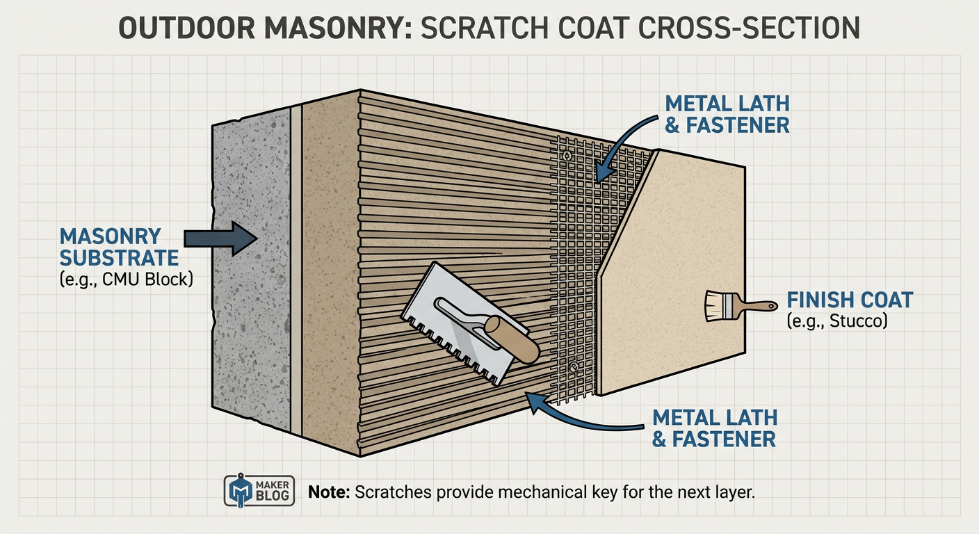 Cross-section of a scratch coat application for outdoor masonry
