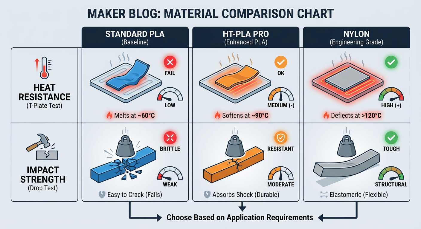Comparison chart of HT-PLA Pro vs Standard PLA vs Nylon regarding Heat Resistance and Impact Strength