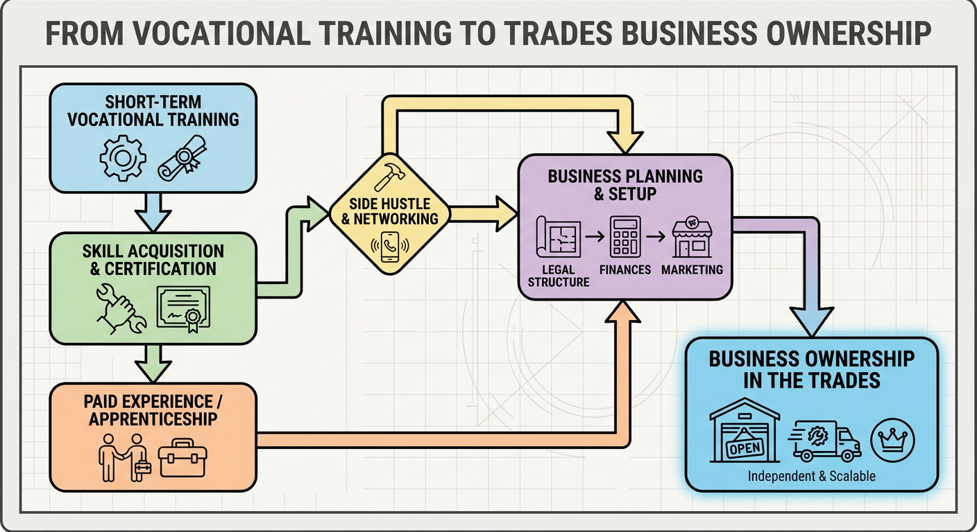 Flowchart showing the path from Short-Term Vocational Training to Business Ownership in the Trades