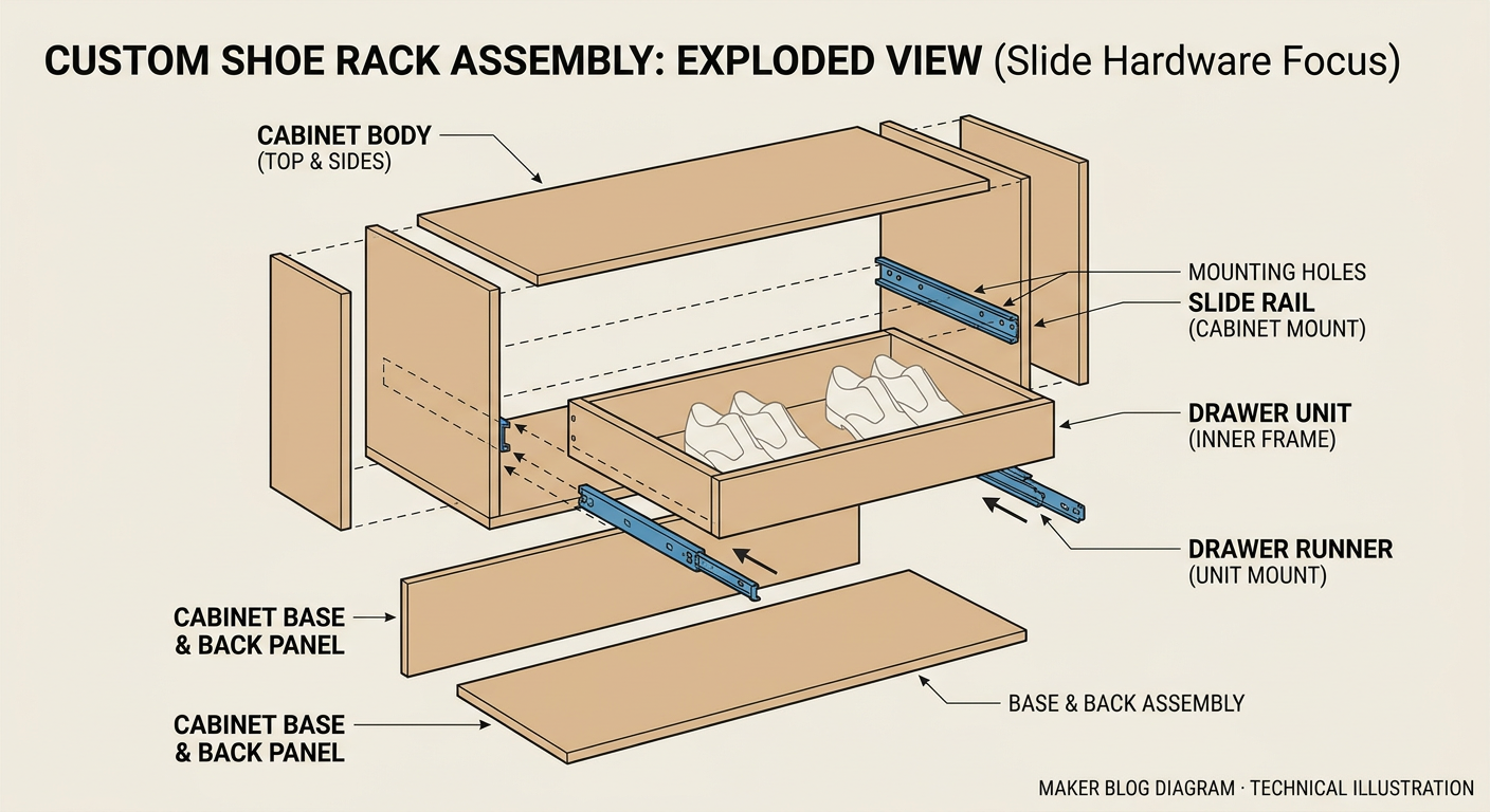 Exploded view of a custom shoe rack cabinet assembly showing slide hardware placement