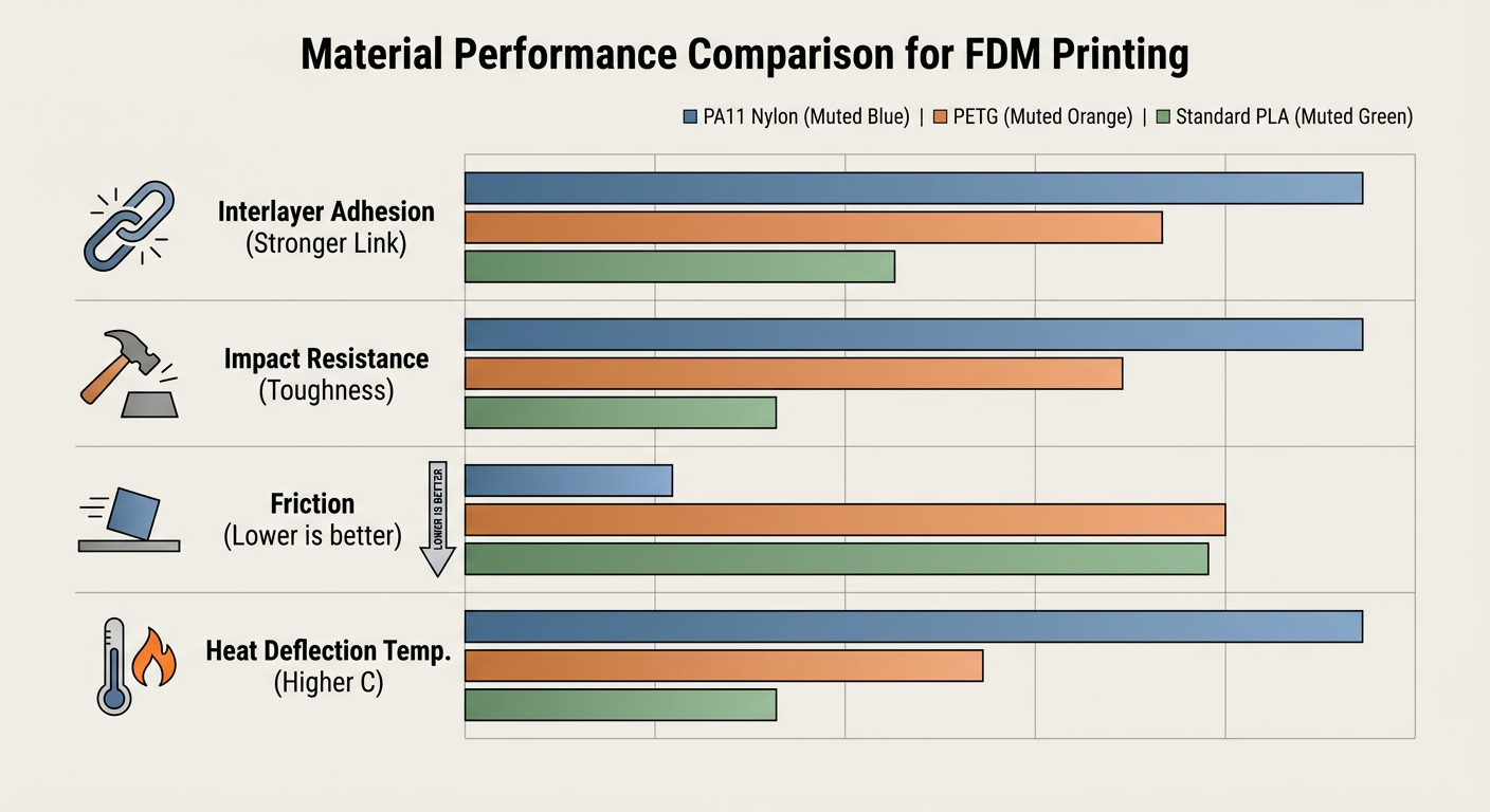 Comparison chart of PA11 Nylon vs standard PLA showing durability and heat resistance metrics
