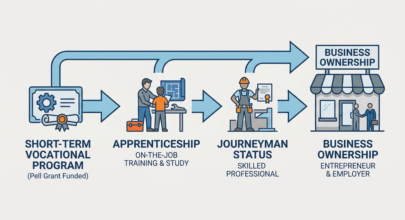 The modern vocational path showing how Pell Grants lead to certifications and apprentice-to-master progression