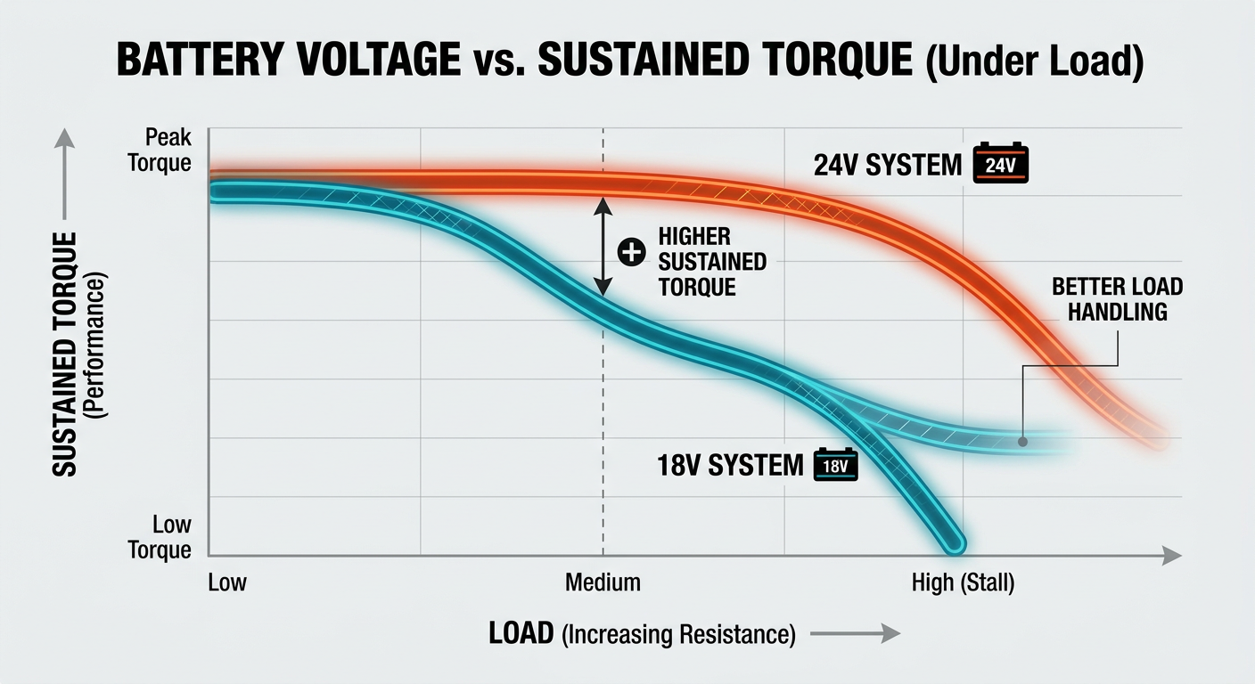 Comparison chart showing battery voltage vs. sustained torque under load for 18V and 24V systems