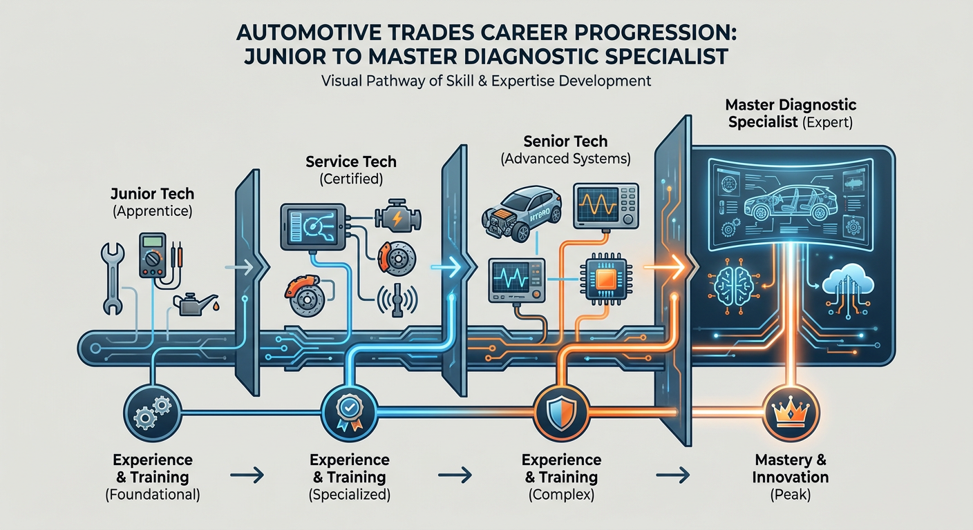 Career progression paths in automotive trades from Junior Tech to Master Diagnostic Specialist