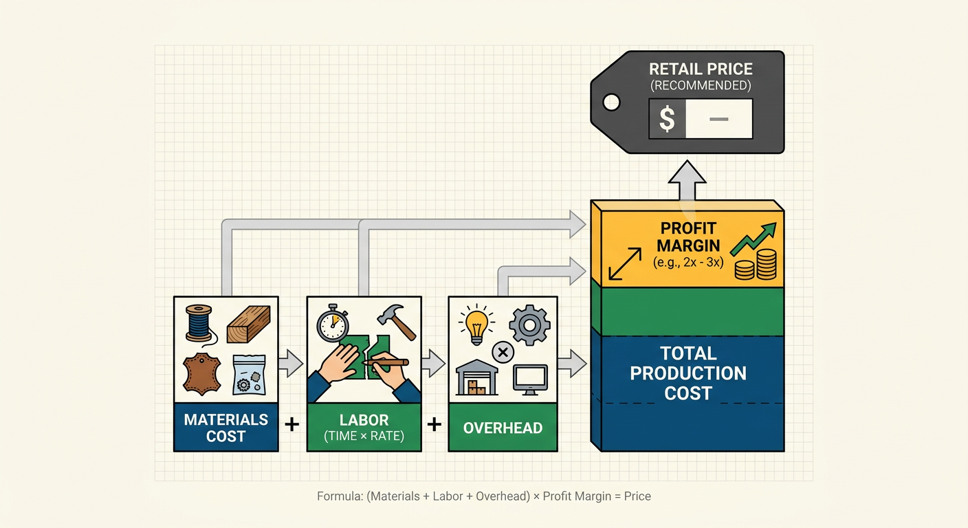 Pricing formula for handmade goods including materials, labor, overhead, and profit margin