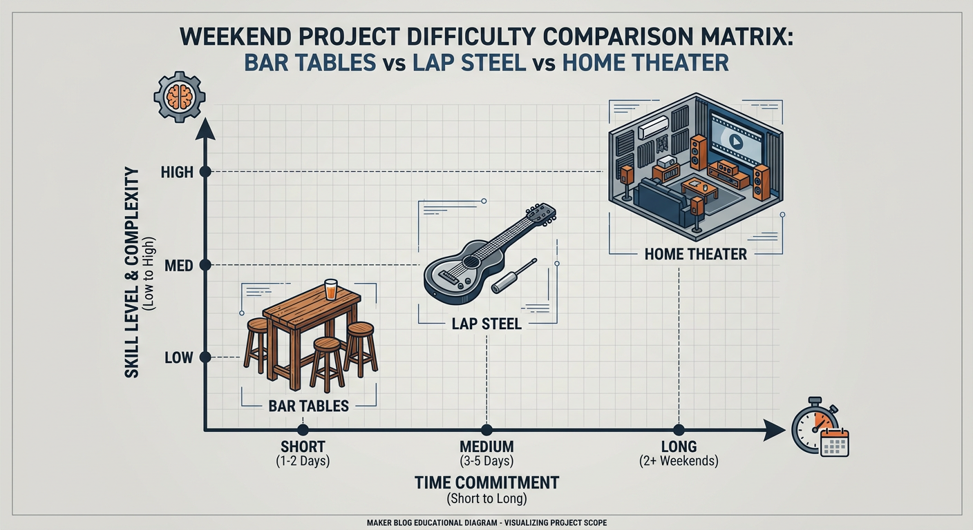 Weekend project difficulty comparison matrix for Bar Tables vs Lap Steel vs Home Theater
