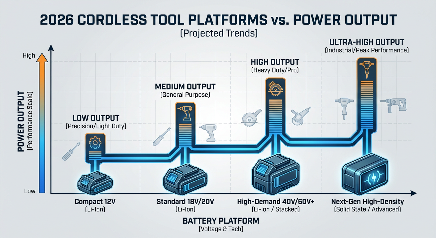 Comparison chart of cordless battery platforms vs power output for 2026 tool releases