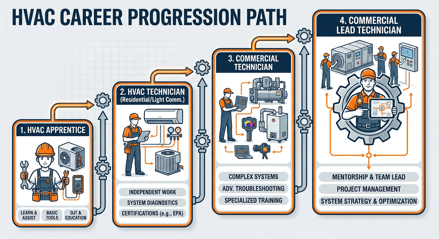 Career progression path from HVAC Apprentice to Commercial Lead Technician