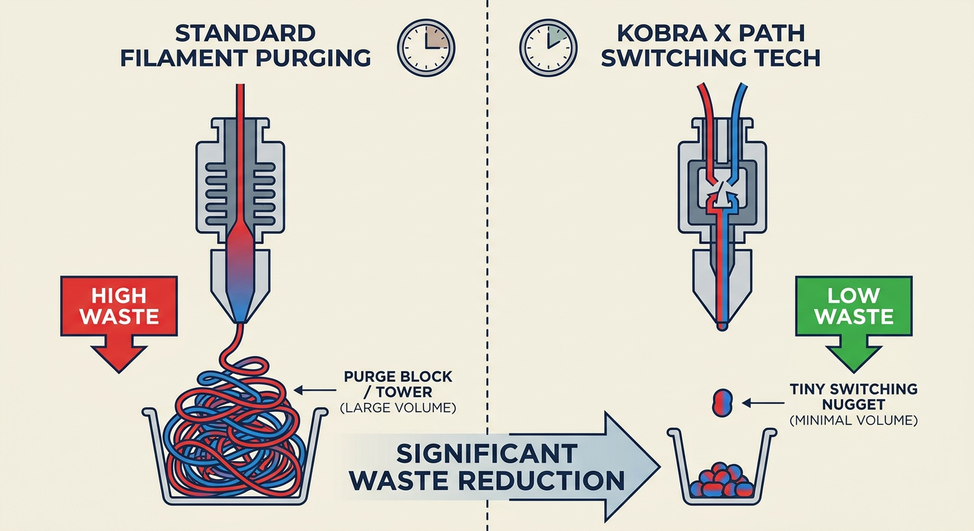 Comparison of standard filament purging vs. the Kobra X path switching tech to show waste reduction