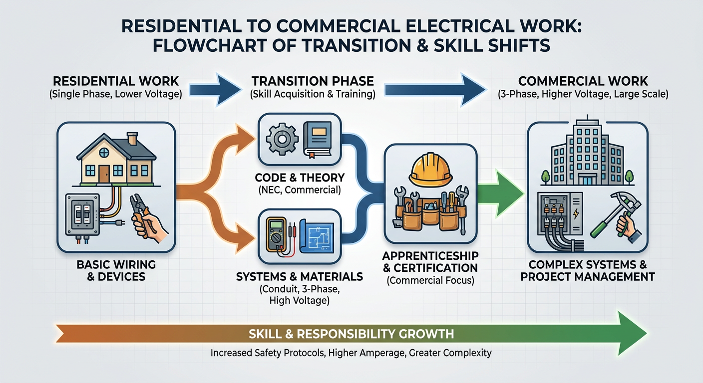Flowchart showing the transition steps and skill shifts from residential to commercial electrical work