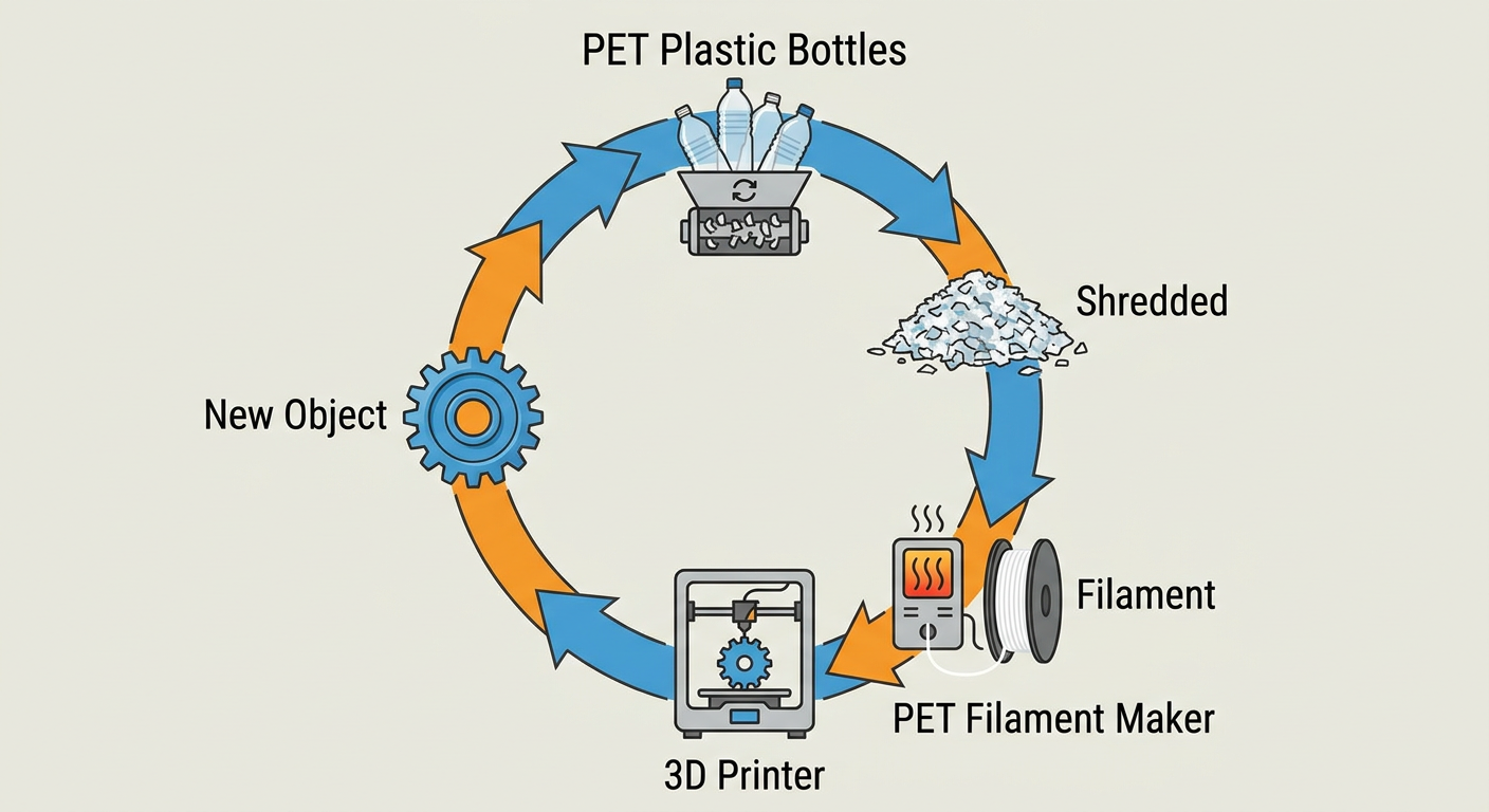 The Circular Making Process: From plastic waste to PET filament to 3D printed object