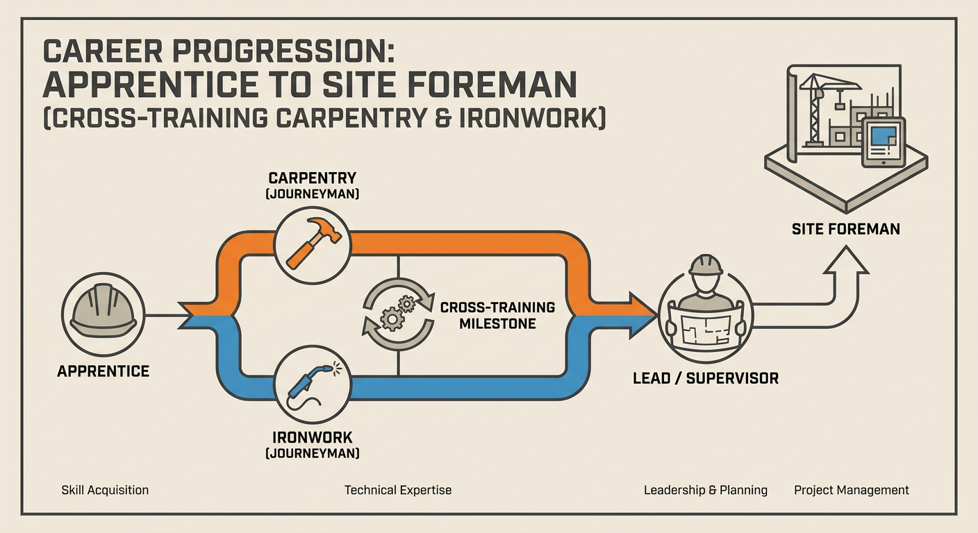 Career progression from apprentice to site foreman showing cross-training milestones