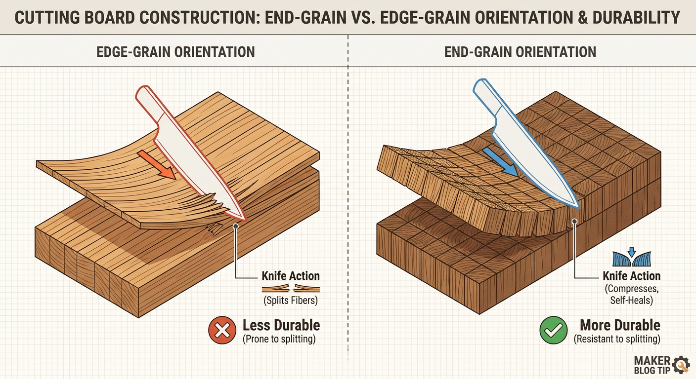 Exploded view of end-grain orientation vs. edge-grain orientation for durability