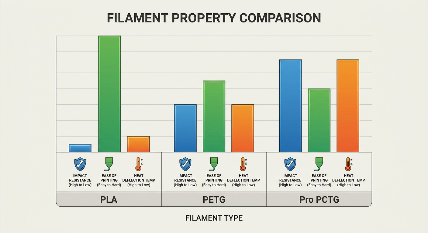 Comparison chart showing the durability, ease of use, and heat resistance of PLA vs. PETG vs. the new Pro PCTG