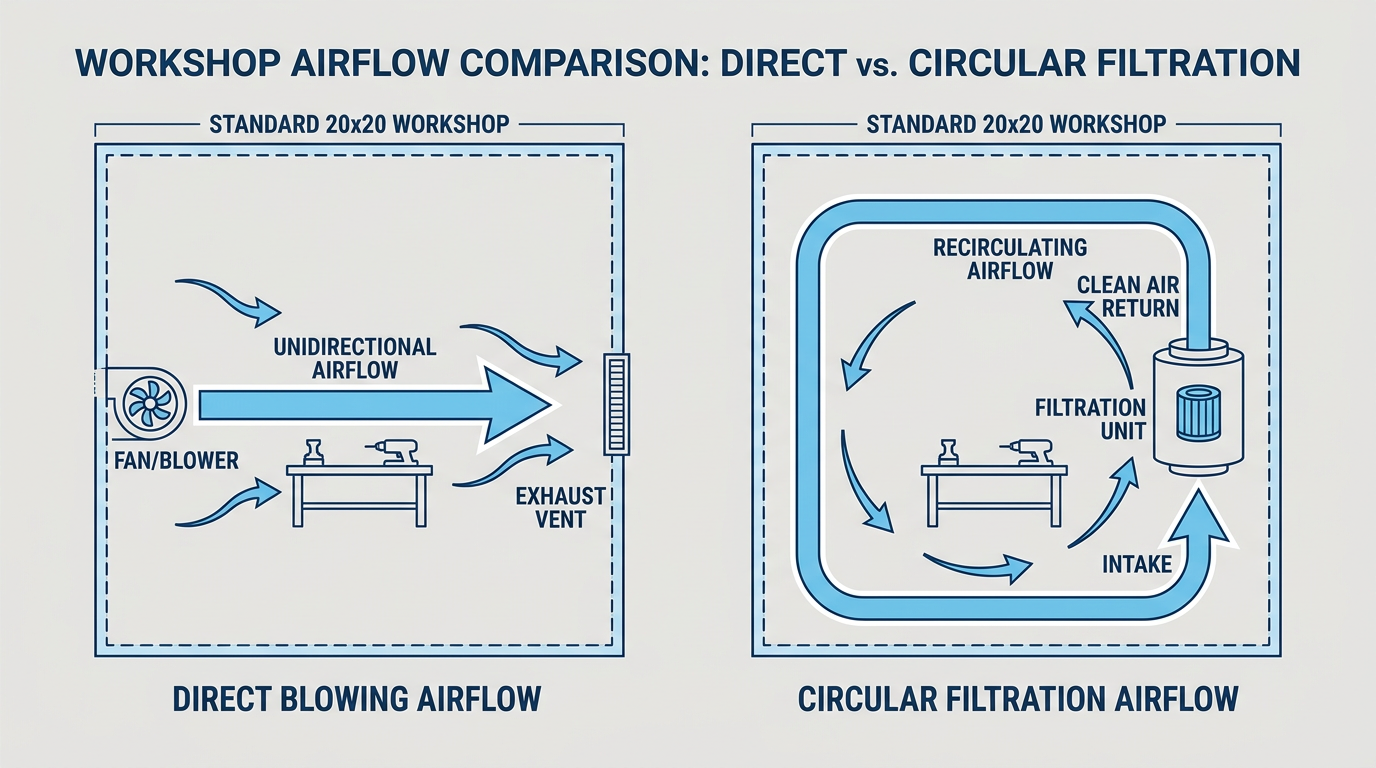 Comparison of workshop airflow patterns using a cordless blower vs. a fixed filtration system