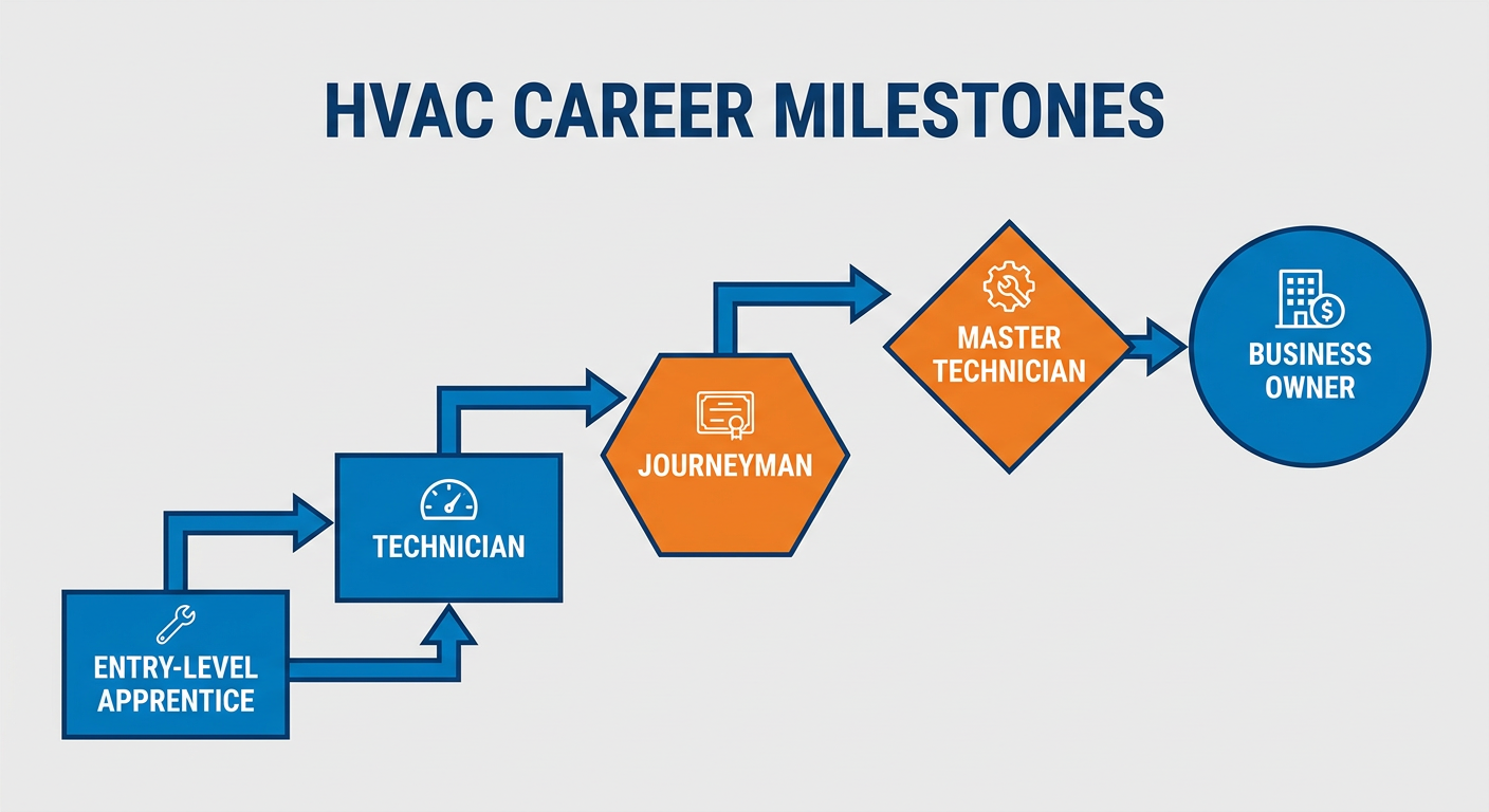 Career progression path from HVAC Apprentice to Service Manager to Business Owner