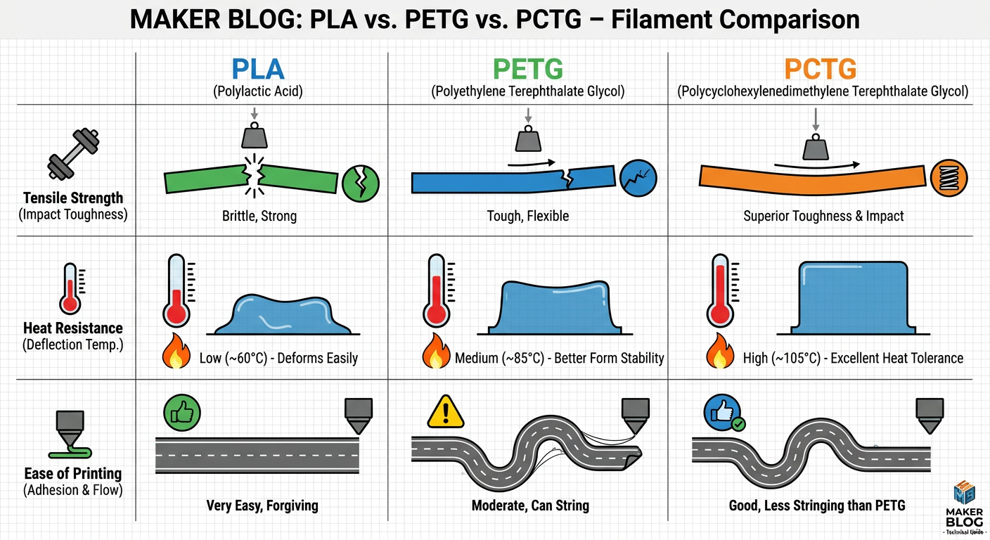 Comparison chart of PLA vs PETG vs PCTG material properties