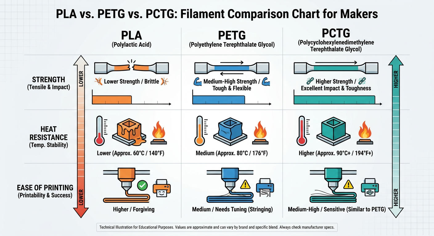 Comparison chart of PLA vs. PETG vs. PCTG showing strength, heat resistance, and ease of printing