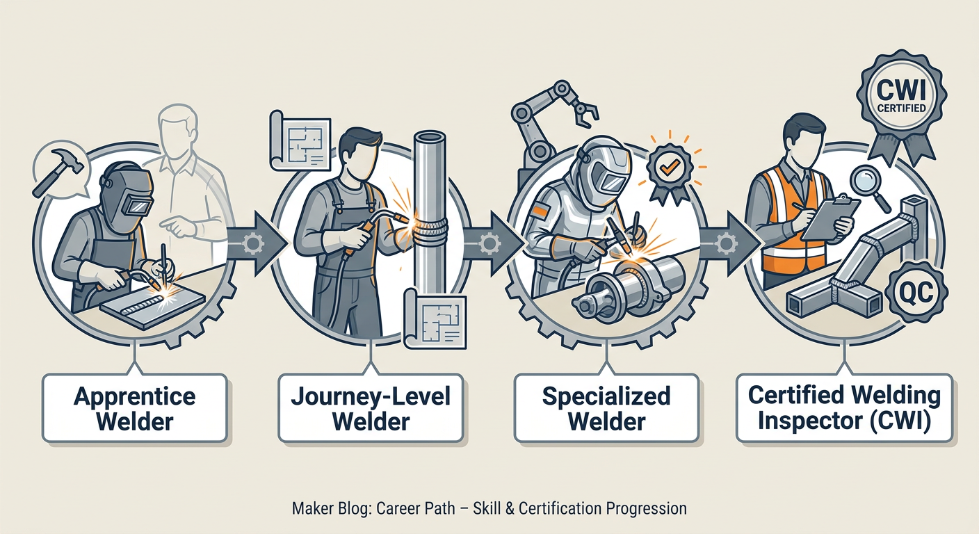 Career progression path for specialized welders from apprentice to Certified Welding Inspector (CWI)