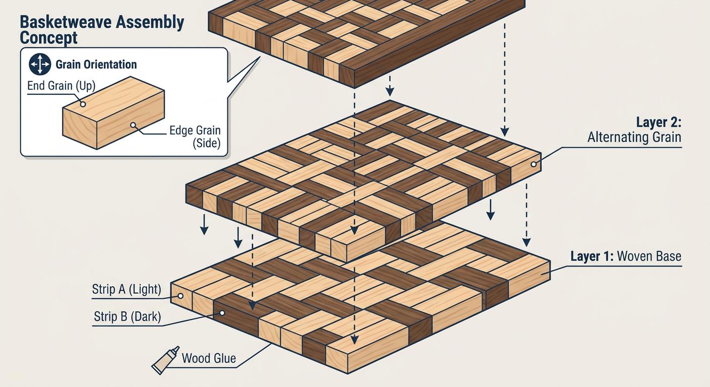 Exploded view of a basketweave cutting board assembly showing wood strip orientation