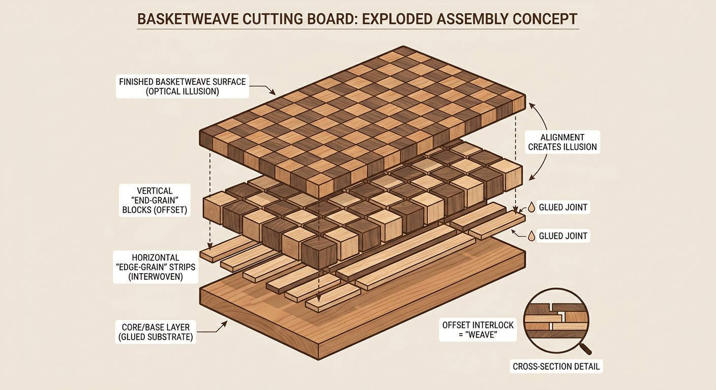 Step-by-step visual assembly of a basketweave pattern for cutting boards