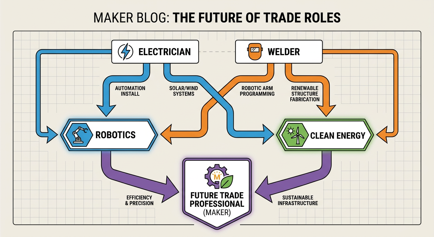 Flowchart showing the integration of robotics and clean energy into traditional trade roles