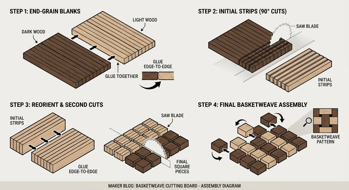 Step-by-step assembly sequence for a basketweave pattern layout
