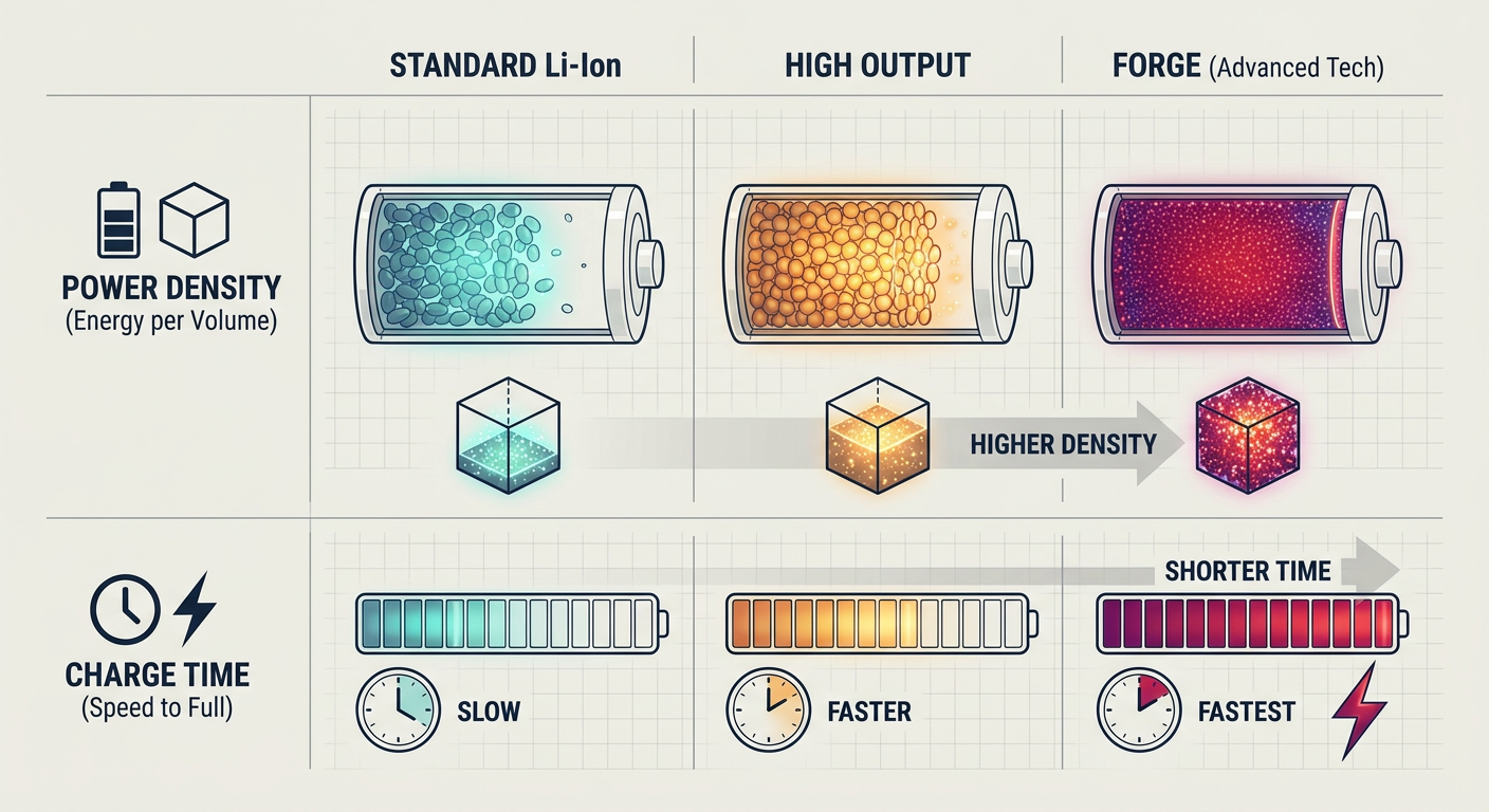 Comparison of Battery Technology: Standard Li-Ion vs. High Output vs. FORGE showing power density and charge times