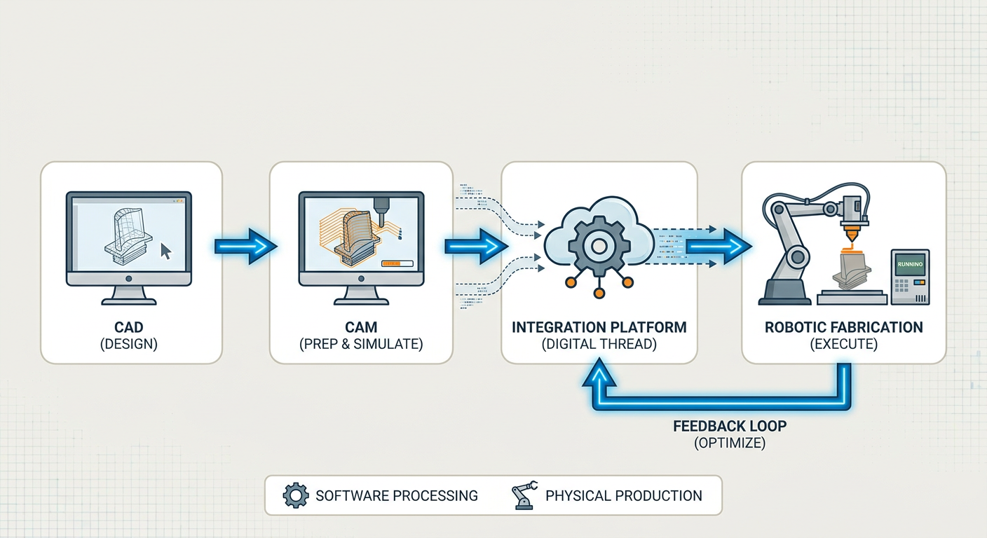Flowchart showing the integration of Manufacturing Software from CAD design to robotic fabrication