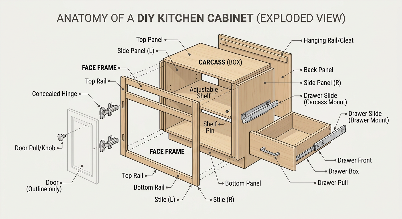 Anatomy of a DIY Kitchen Cabinet: Exploded view of the face frame, carcass, and hardware