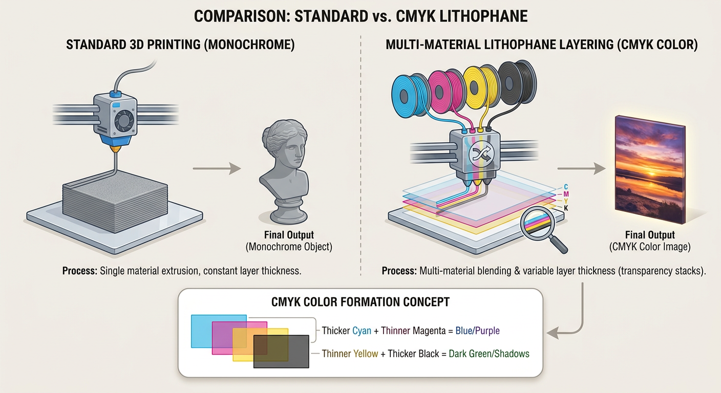 Comparison of standard 3D printing vs. multi-material lithophane layering