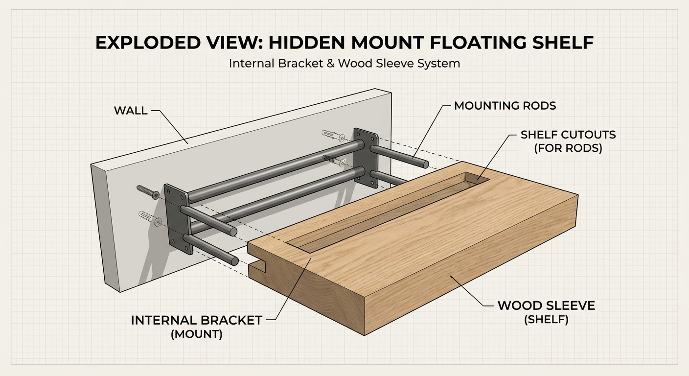 Step-by-step assembly of a hidden mount floating shelf bracket