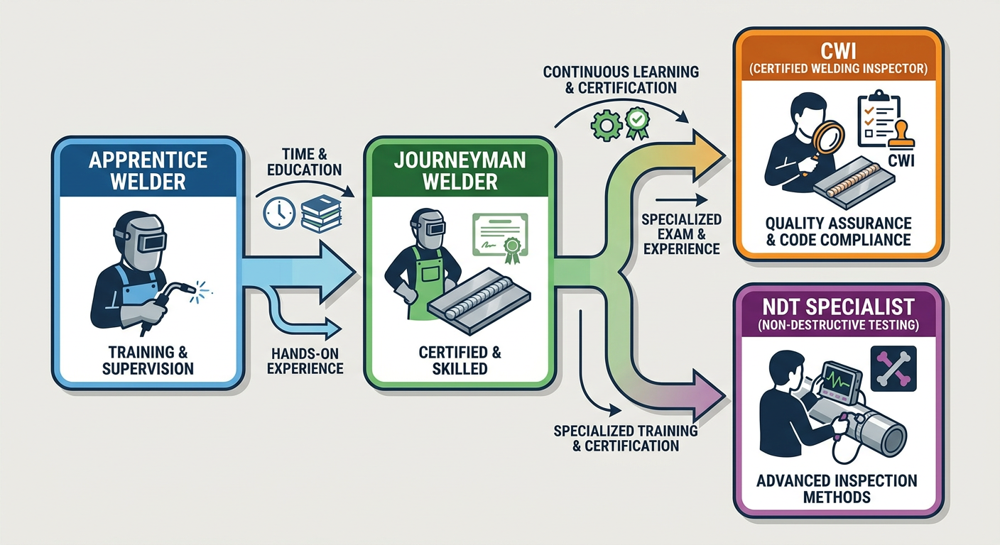 The Career Ladder from Apprentice Welder to CWI Inspector showing salary growth and responsibility