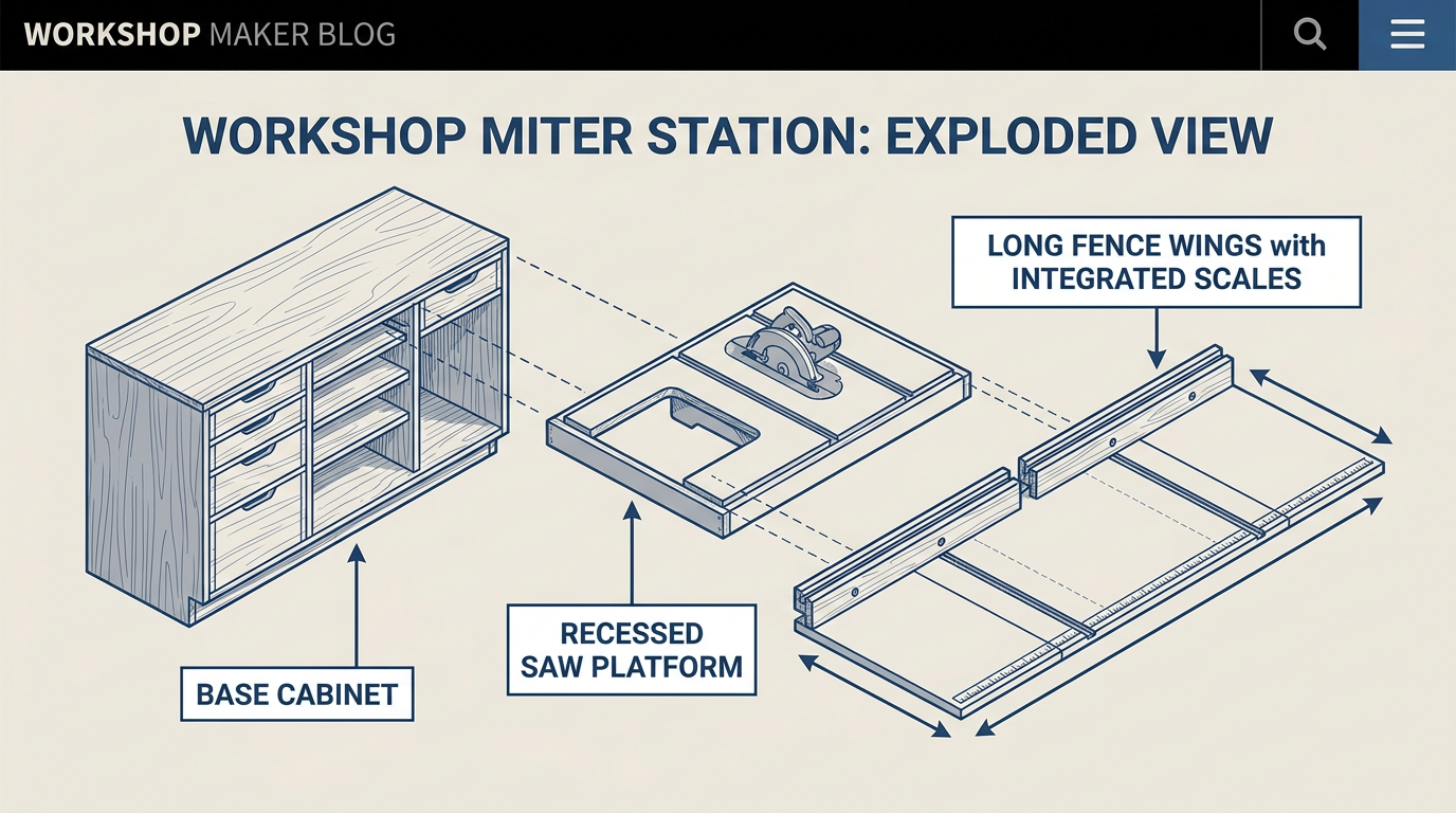 Anatomy of a Pro Miter Station including dust hood and measurement scales