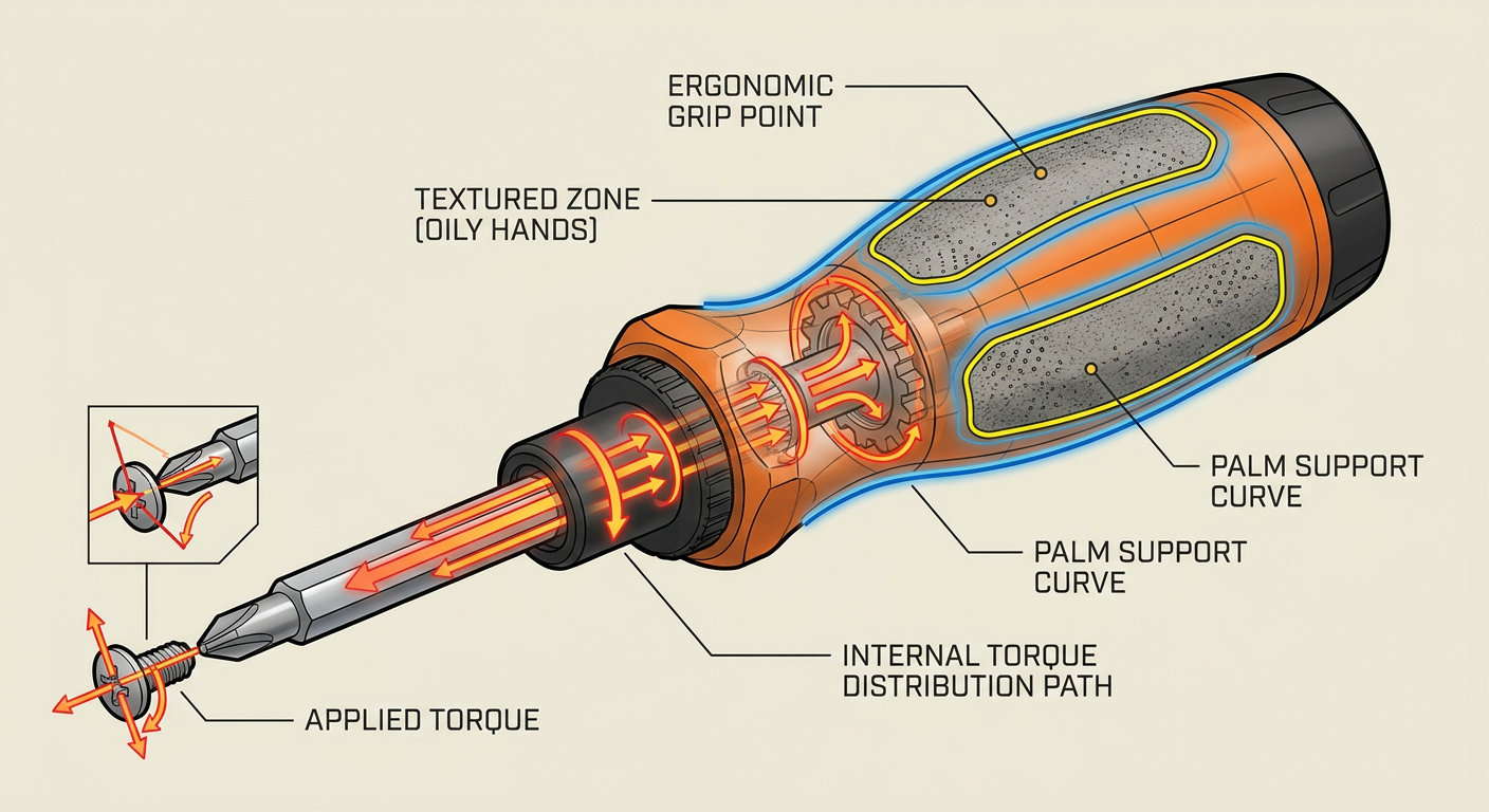 Anatomy of a modern ergonomic hand tool showing grip points and torque distribution