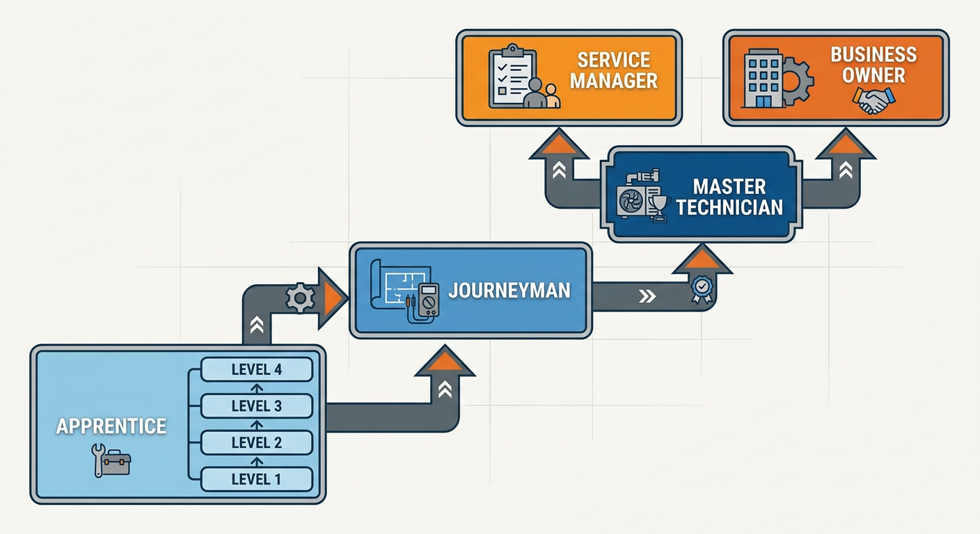 Career progression path from HVAC Apprentice to Master Tech and Operations Manager