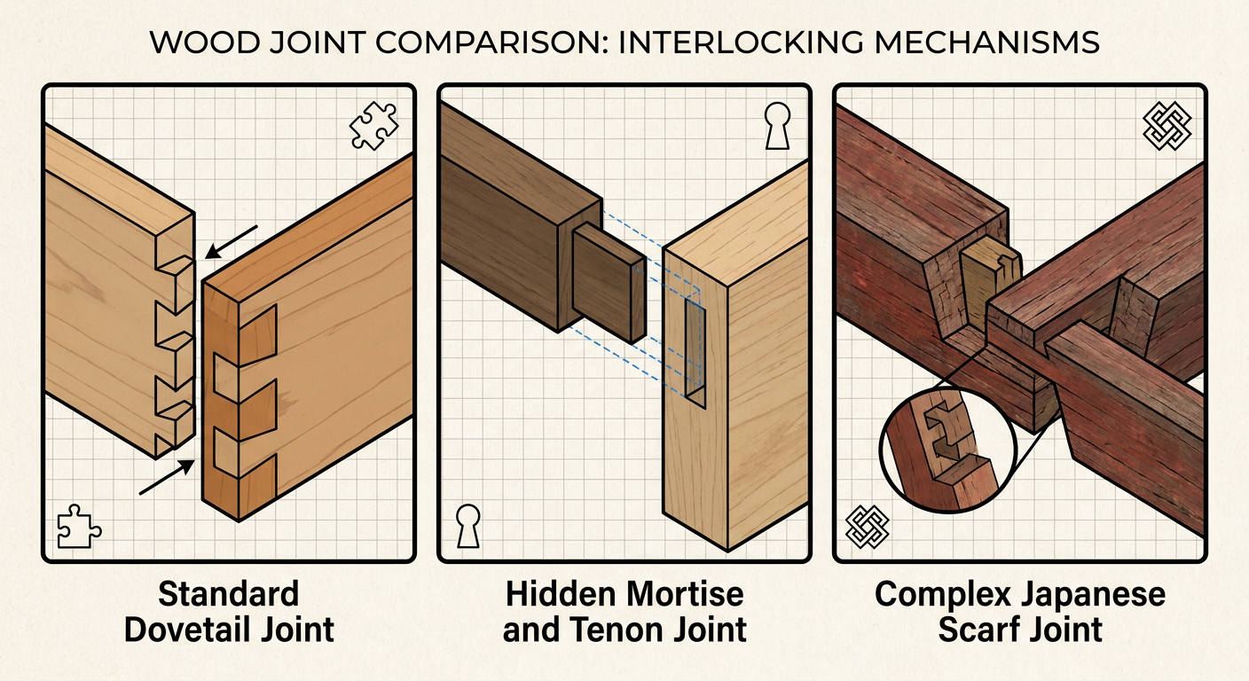 Comparison of three advanced wood joints: Dovetail, Mortise and Tenon, and Japanese Scarf Joint