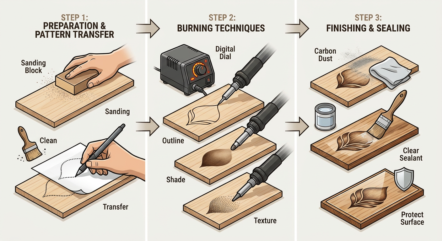 Three-step process for professional wood burning/pyrography