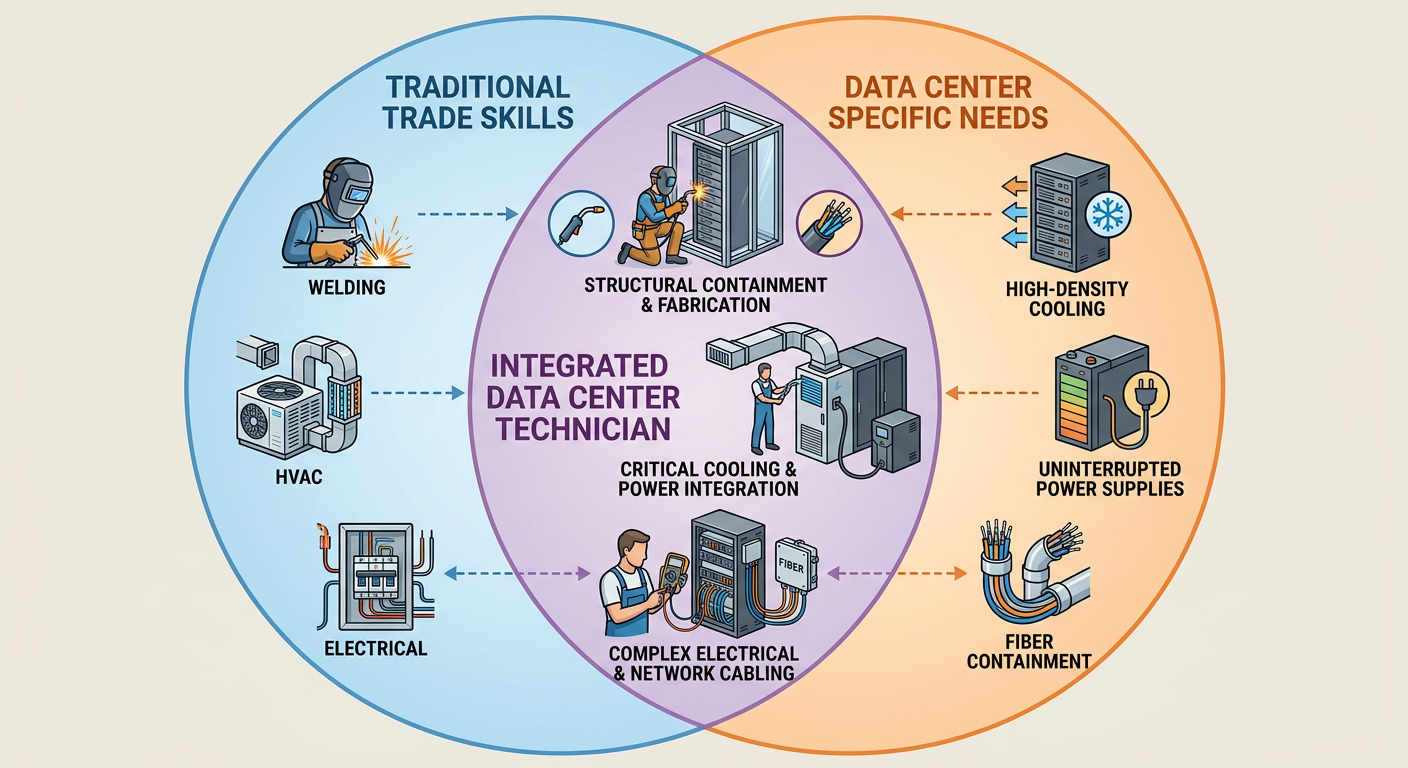 Skills map showing the intersection of traditional trades and data center specialization