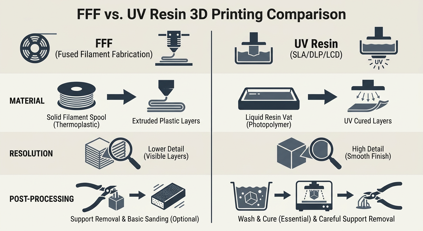 FFF vs UV Resin Printing Comparison - showing the differences in material, resolution, and post-processing steps