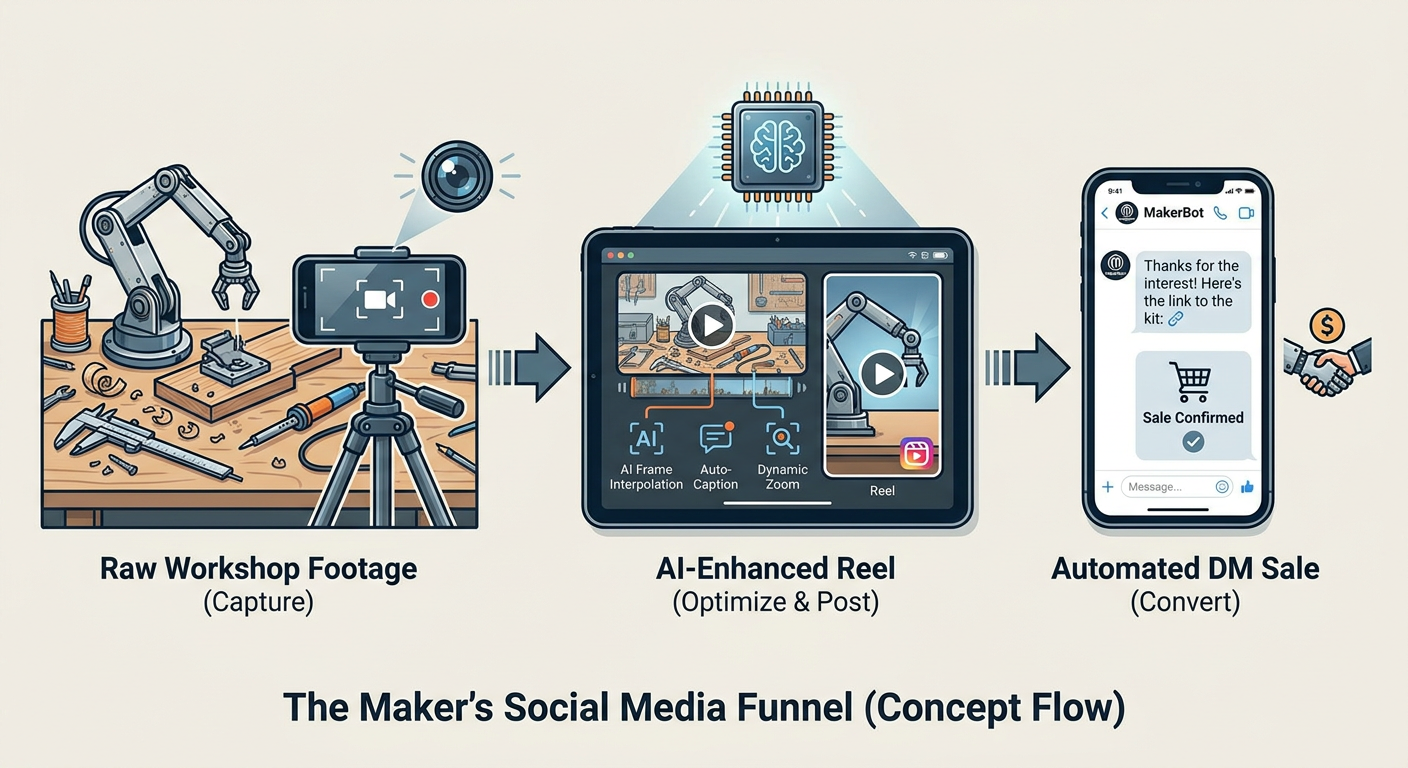 The Maker's Social Media Funnel - from raw workshop footage to AI-enhanced Reel to automated DM sale