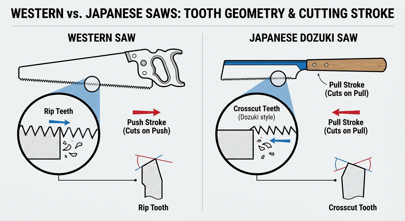 Comparison of traditional cross-cut saws vs. the Japanese Dozuki pull saw mechanics