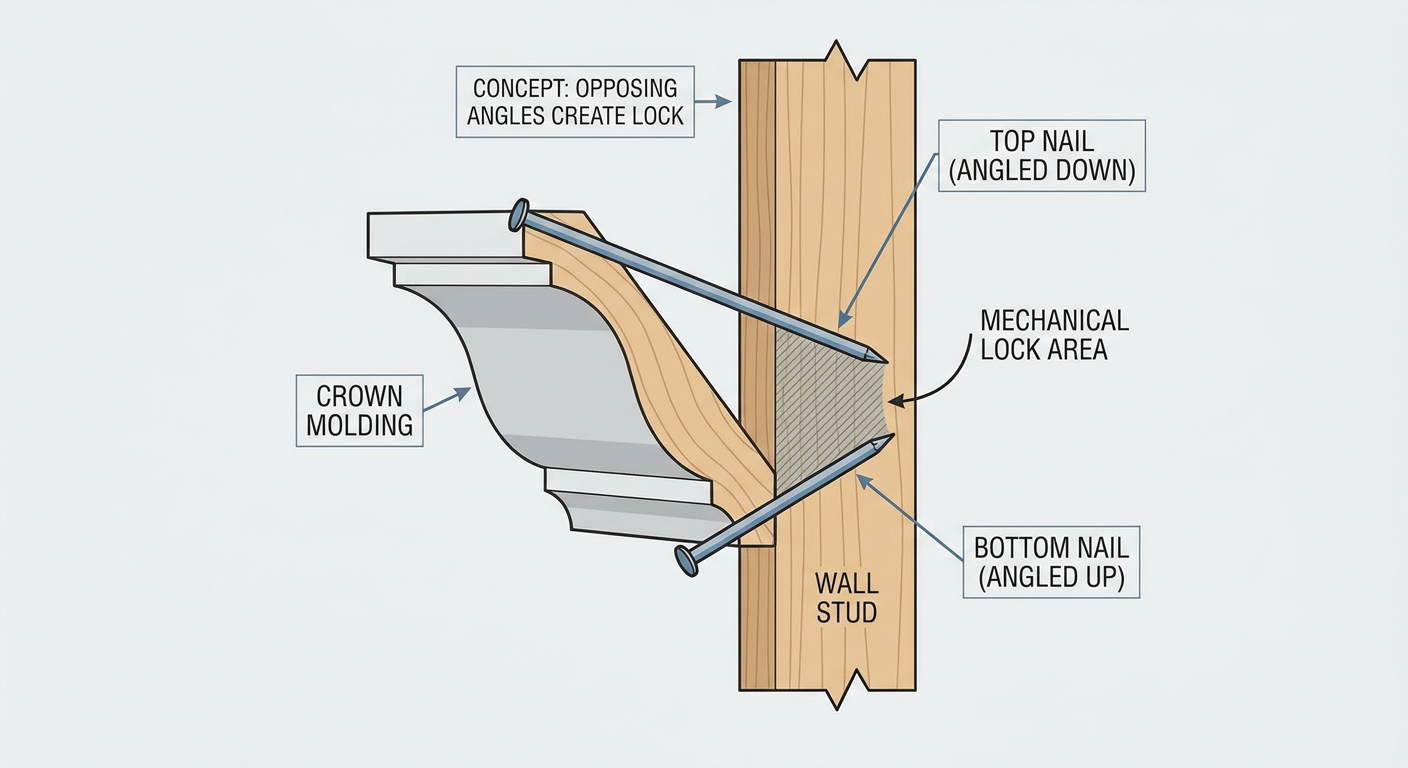 Visual guide to the 'mechanical lock' nailing technique for crown molding