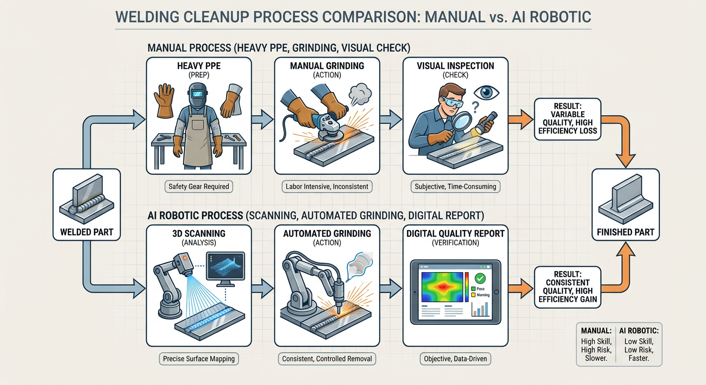 Comparison of manual grinding vs. AI-automated robotic grinding workflows