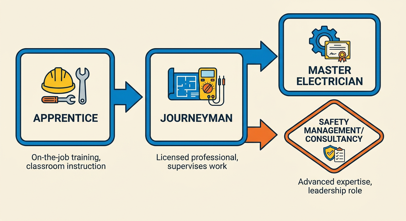 Career progression path from IBEW/JATC Apprentice to Safety Consultant/Master Electrician