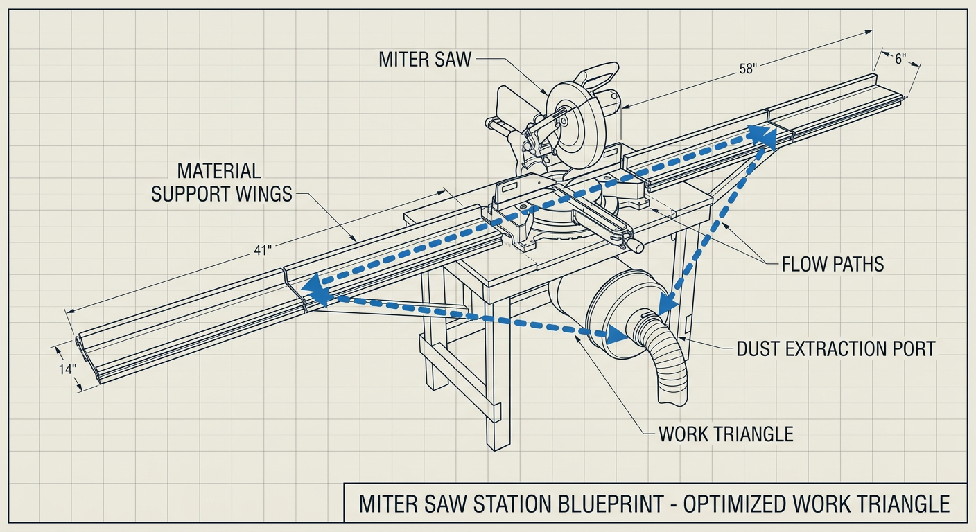 Ergonomic layout for a dream miter station with integrated dust collection and material support
