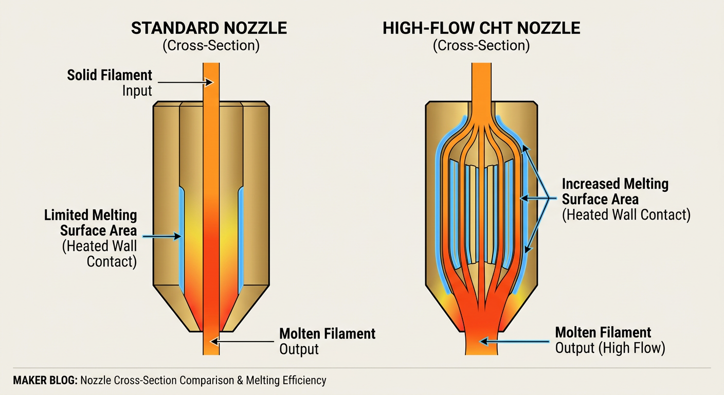 Comparison of standard nozzle melt zone vs. Hyper-CHT flow technology
